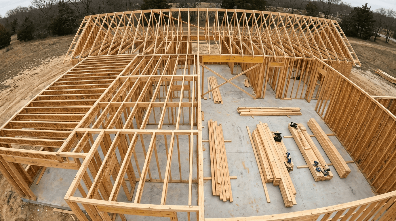 Residential house framing structure in progress