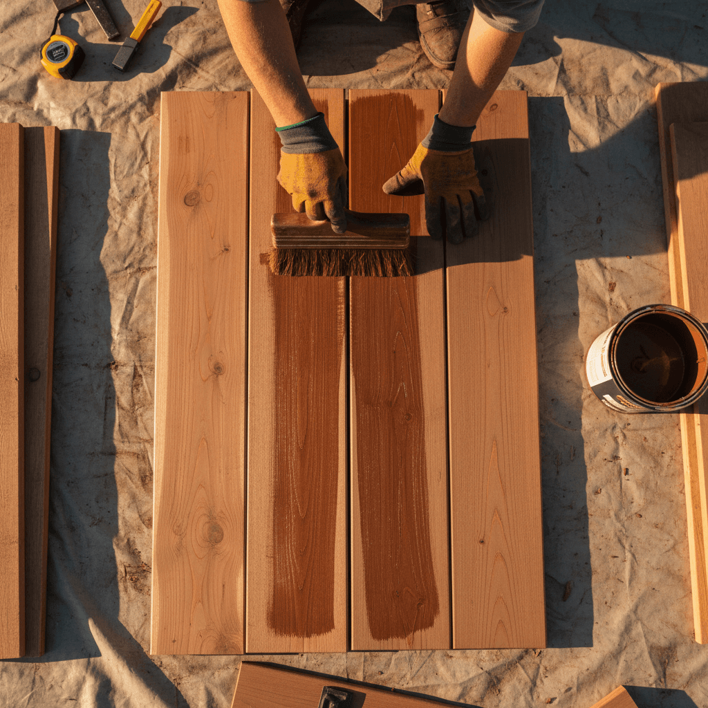 Fresh timber decking materials prepared for installation