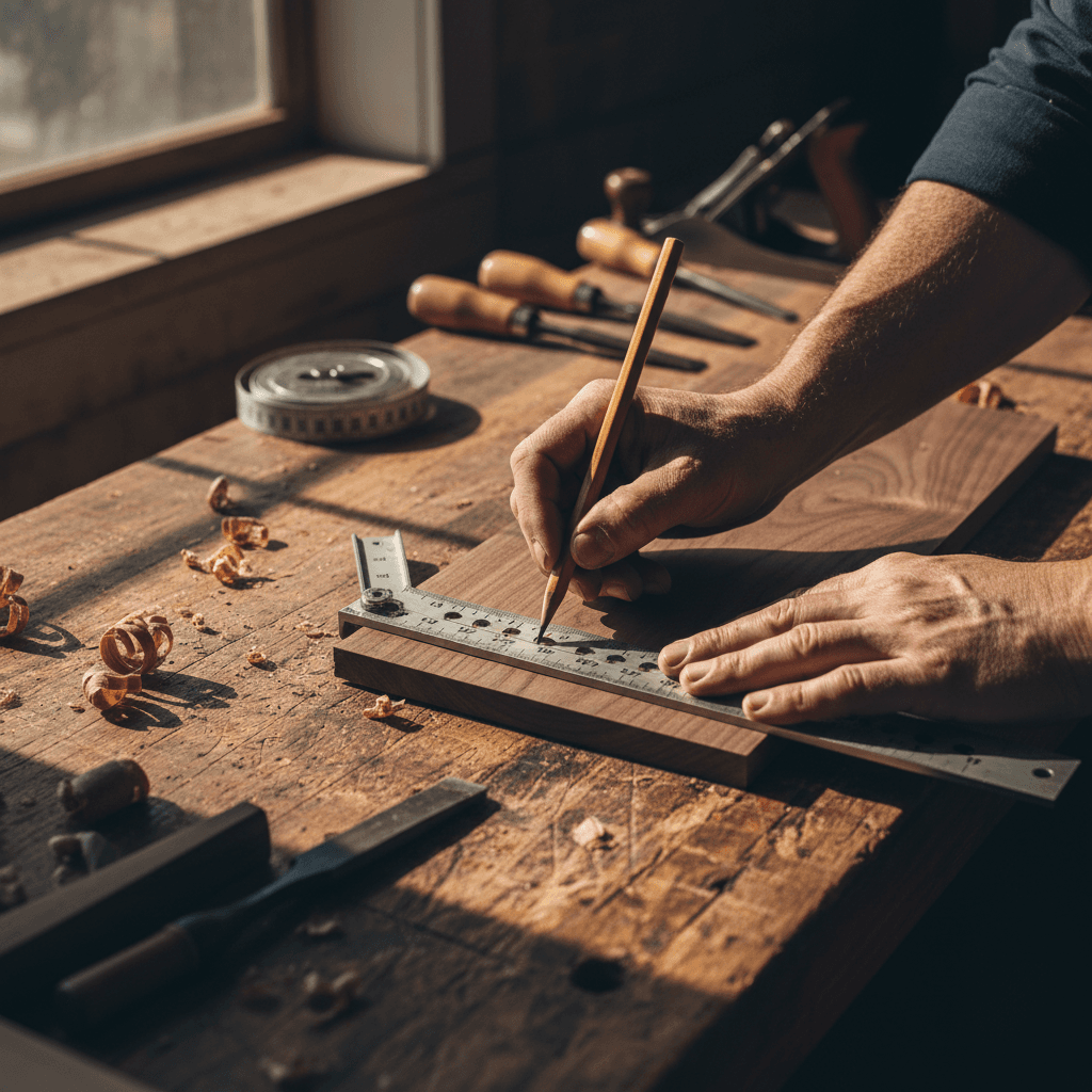 Carpenter measuring and marking wood for a building project
