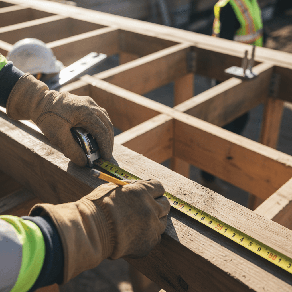 Carpenter measuring and marking timber for a deck build