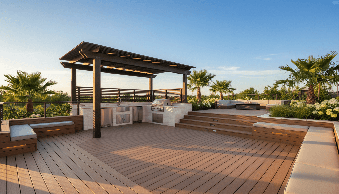 Completed residential deck built in Canterbury with garden view