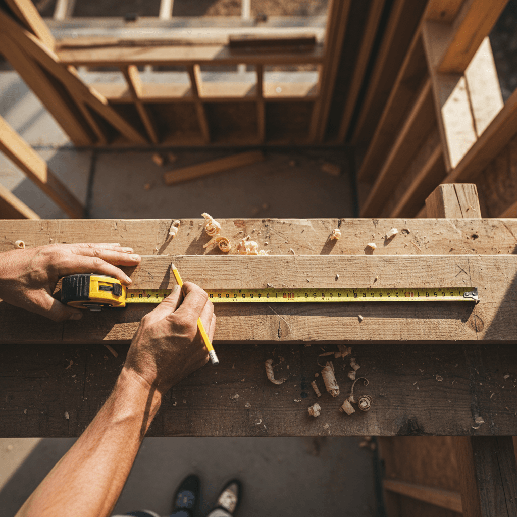 Builder's hands measuring wooden beam in workshop