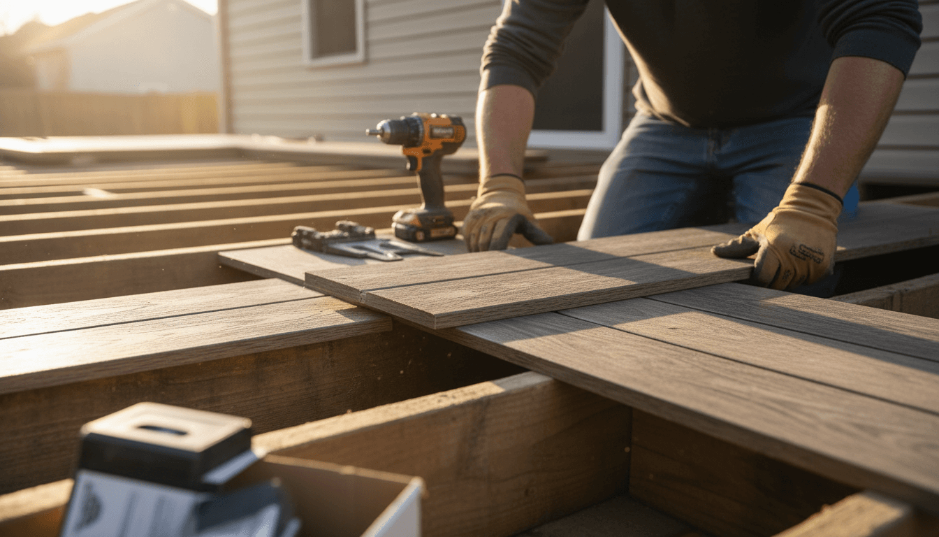 Residential construction project showing wooden deck or house framing with morning light